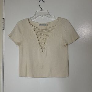 T Alexander Wang Ivory Yellow ribbed cropped lace up knit tshirt size medium